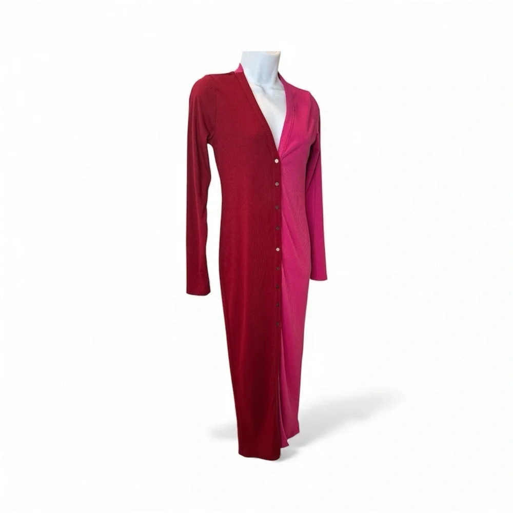 Renee C. Long Sleeve Red & Pink color block cardigan midi Dress - Picture 2 of 5